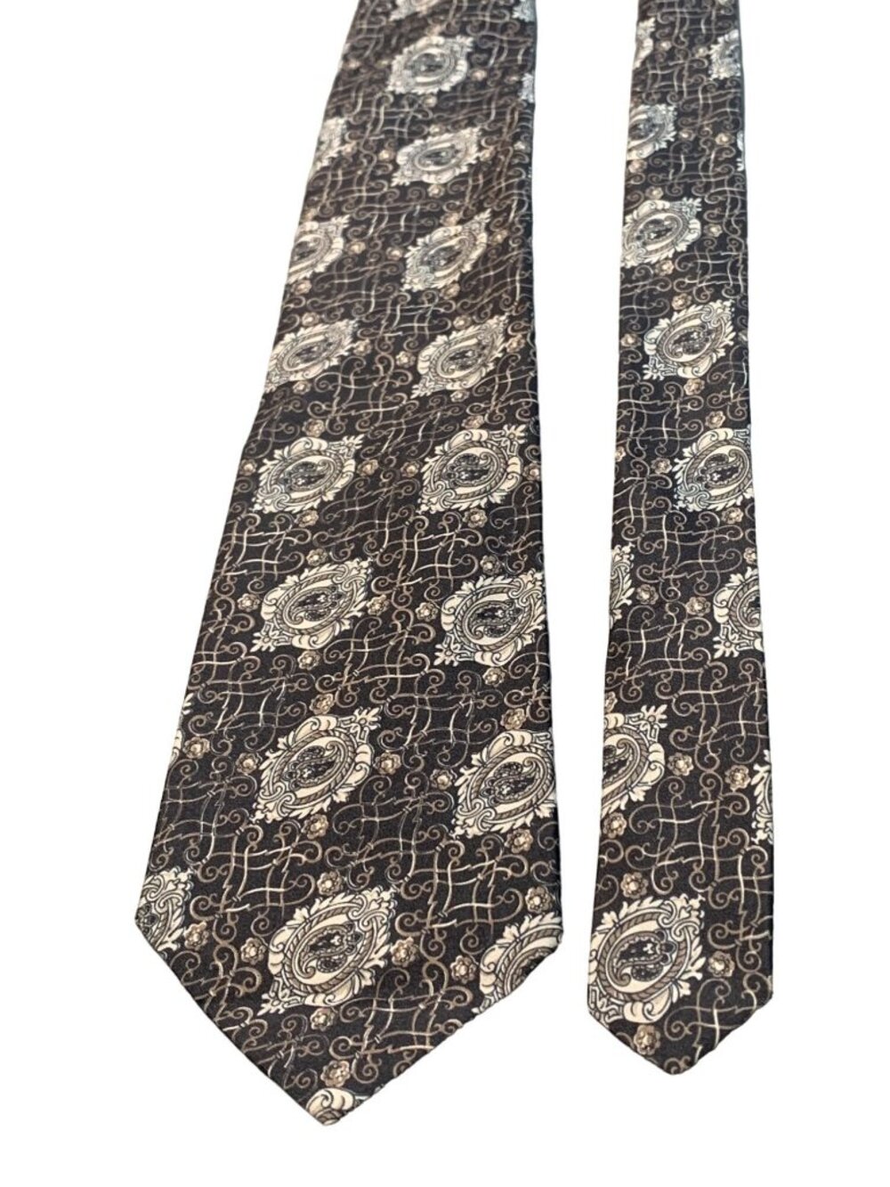 Vintage All Silk Milano Mens Necktie Black and Silver Paisley Design